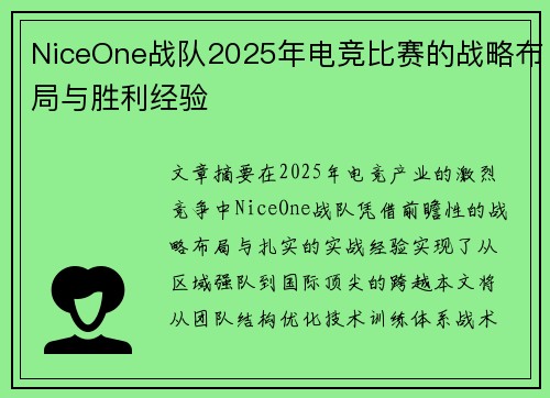 NiceOne战队2025年电竞比赛的战略布局与胜利经验
